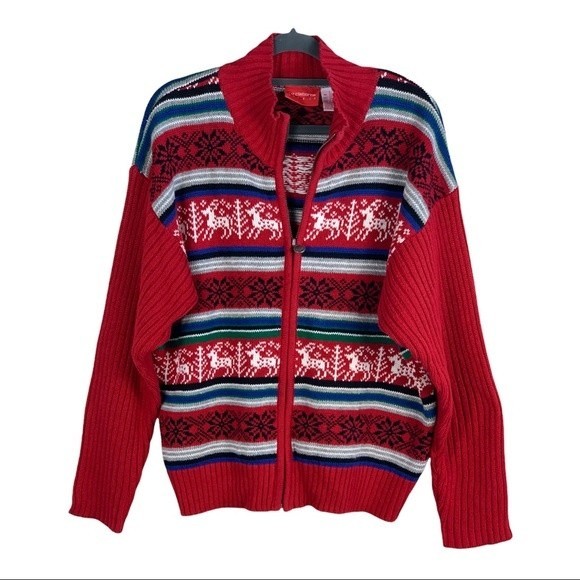 Liz Claiborne Women’s Red/White Reindeer Snowflake Knit Sweater L - Picture 1 of 6